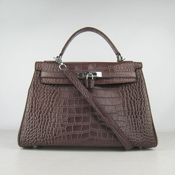 7A Replica Hermes Kelly 32cm Crocodile Veins Leather Bag Dark Coffee 6108 - Click Image to Close